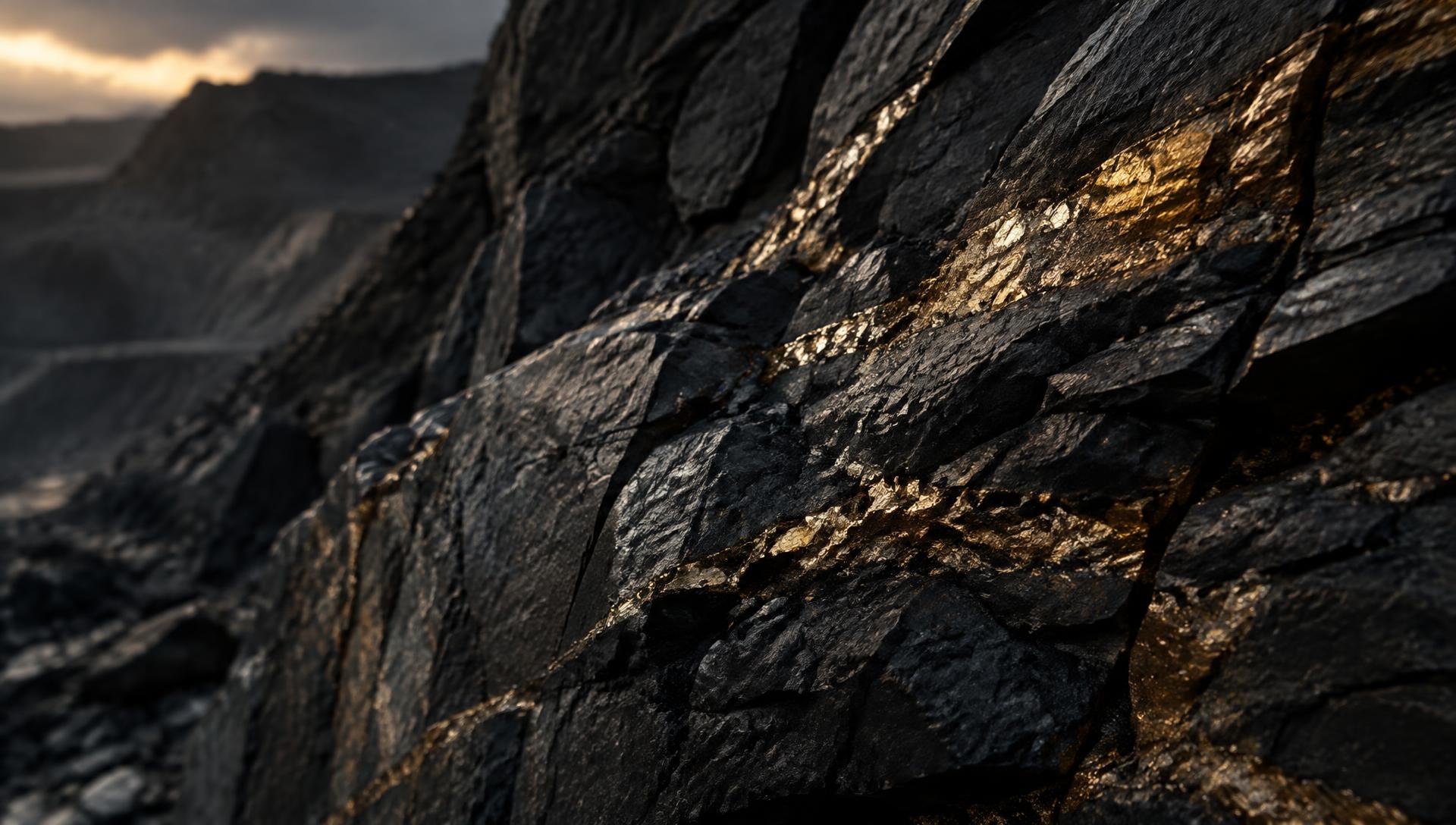 Dark rock face with fine geological strata and mineralised veining